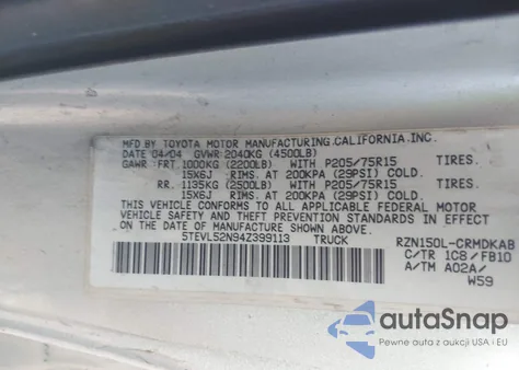 2004 Toyota Tacoma z USA, uszkodzony, nr VIN 5TEVL52N94Z399113